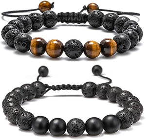 Lava Rock Bracelet - 8mm Stone Tiger Eye Bracelet Lava Rock Bracelet , Stress Relief Yoga Beads Adjustable Bracelet Anxiety Aromatherapy Essential Oil Diffuser Healing Lava Bracelet for Men Women